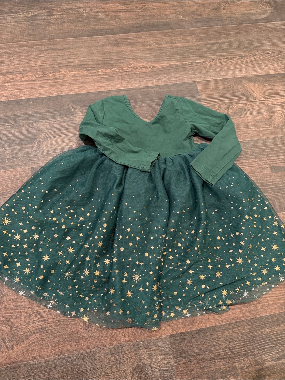 Hanna Andersson Green Long-Sleeve Star Tulle Dress with Gold Stars